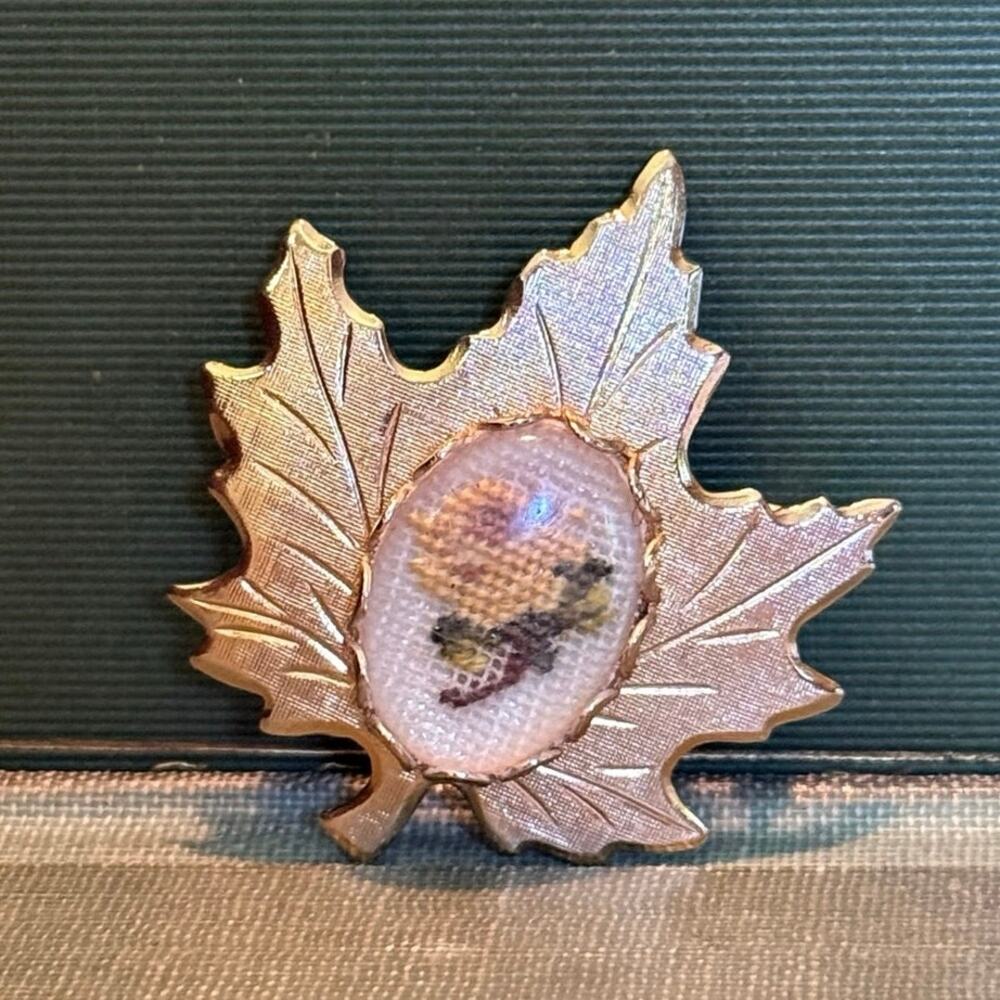 Vintage Maple Leaf Brooch • Petit Point Under Glass • Gold‑Tone • 1.5”, Unmarked